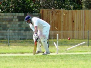 Le Page Park's Darren "Max" Wilton gets skittled here but it hasn't happened to often this season and Wilton continued his stellar season with another 7 wicket haul.